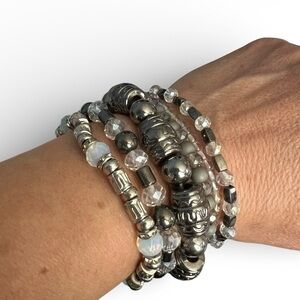Elegant Silver, Gray and Clear Stretch Beaded Bracelet Set (6)